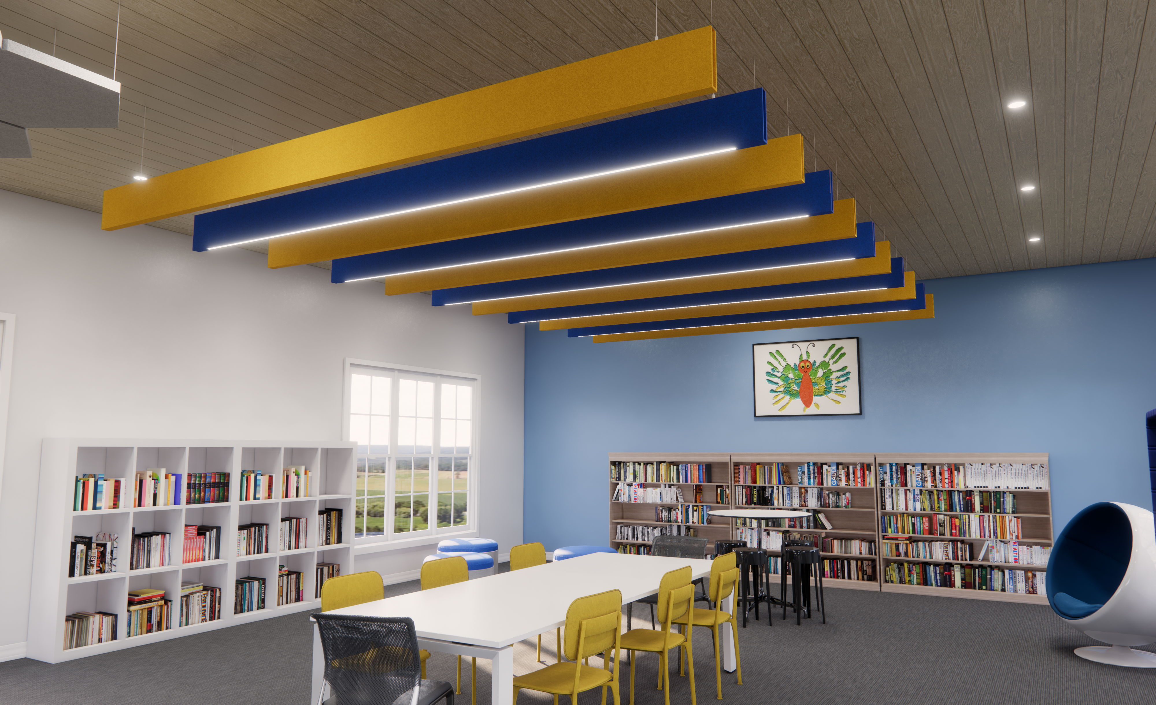 Baffle ceiling system in a children's' space