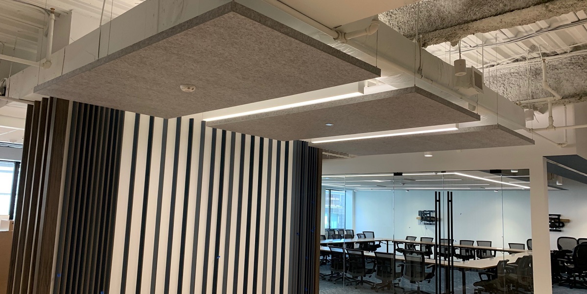 hanging acoustic panels in an office