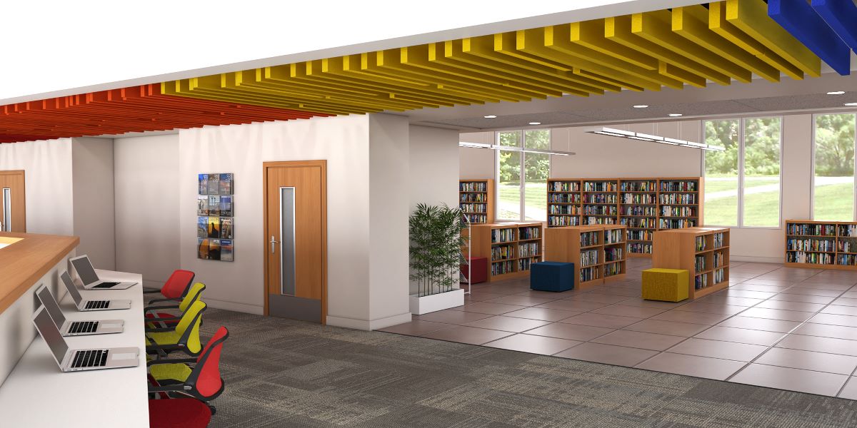 sound dampening baffles in a library
