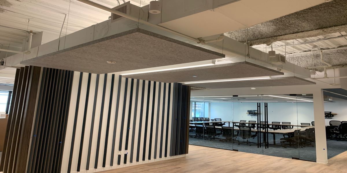 wall mounted sound baffles in an office