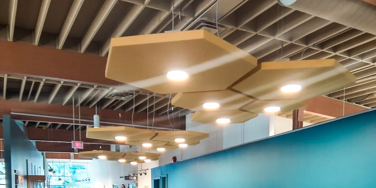 decorative acoustic ceiling tiles in a library