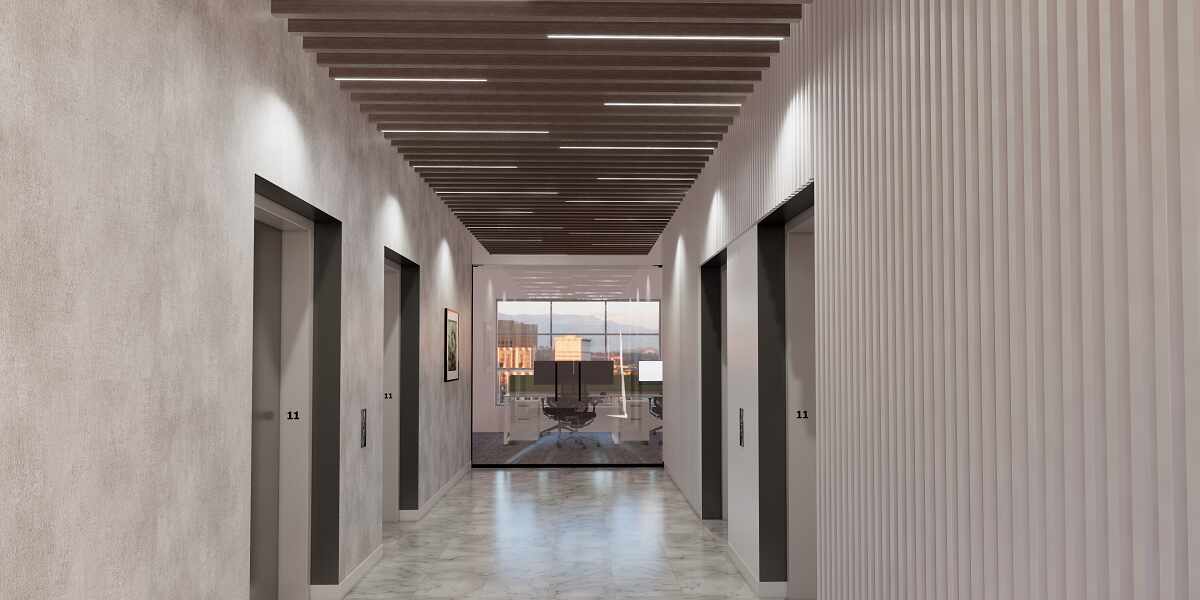 Baffle Ceiling Detail in an Elevator Lobby