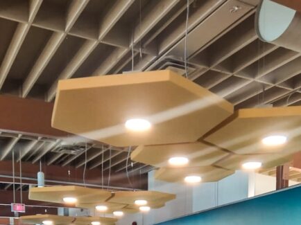 acoustic ceiling light fixtures in a library