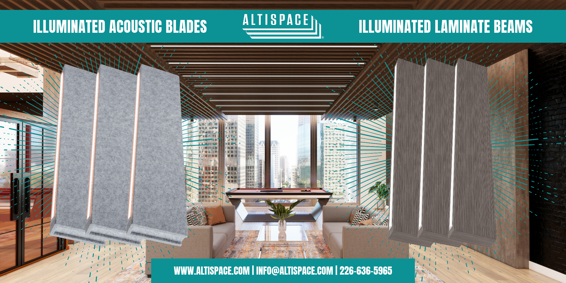 Altispace Illuminated Ceiling Beams, Altispace Illuminated Ceiling Baffles, Illuminated Acoustic Baffles, Illuminated Ceiling Baffles, Acoustic Baffles, Acoustic Blades