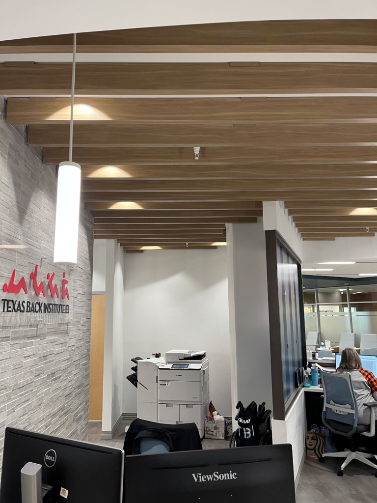 Texas back institute corporate office space with Altispace laminate ceiling beams wooden ceiling beams wood ceiling beams ceiling baffles