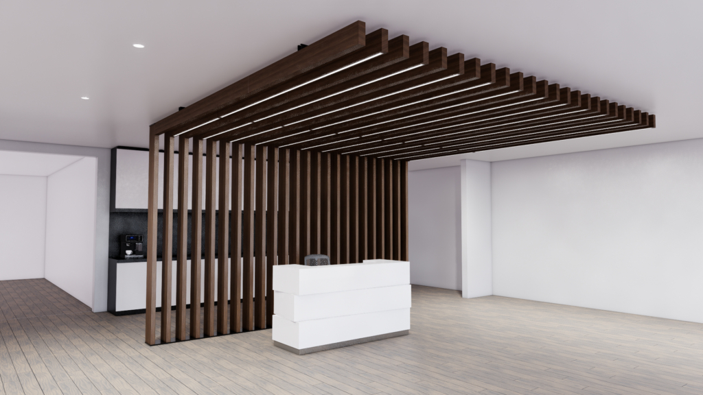 Altispace Laminate Beams Altispace Wood Slat Ceiling System in Reception Area Boardroom Wall Beams Ceiling Beams Wood Beams Wood Slat Wall