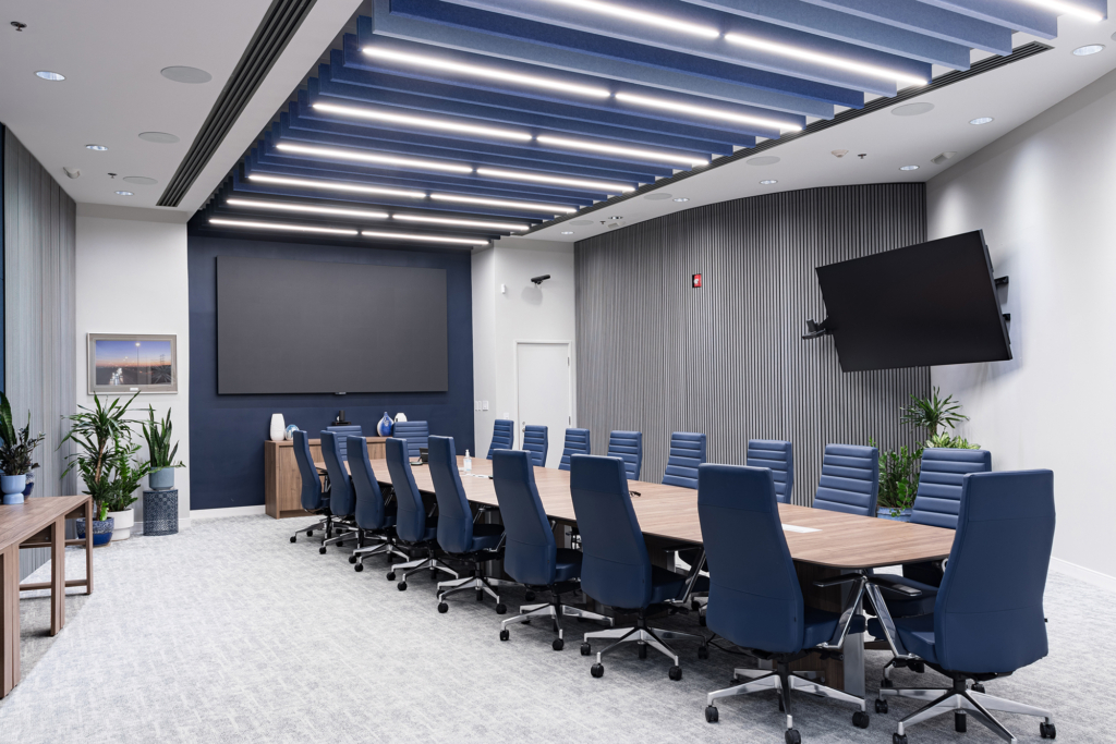 Modern Boardroom Altispace Acoustic Baffles Acoustic Blades Illuminated Baffles Illuminated Blades Acoustic Fins Acoustic Solutions Canada Cover