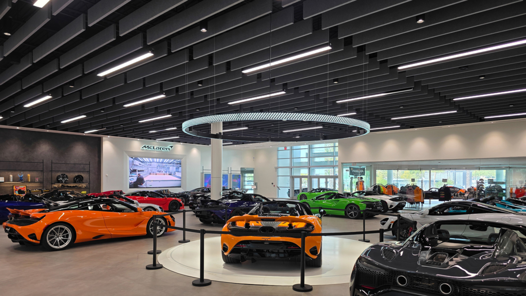 McLaren Showroom Altispace Acoustic Blades Acoustic Baffles Modern Luxury Car Dealership Interiors Cover