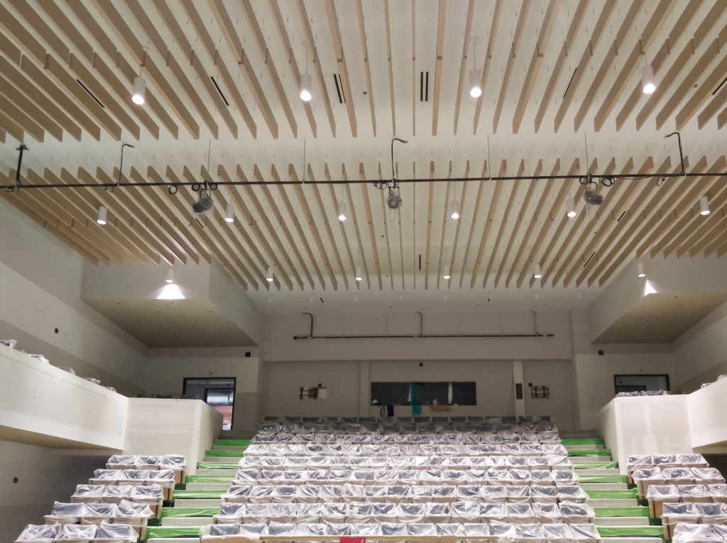 Villanova College Auditorium Hall Features Altispace Ceiling Beams Baffles Wooden Ceiling Baffles Cover